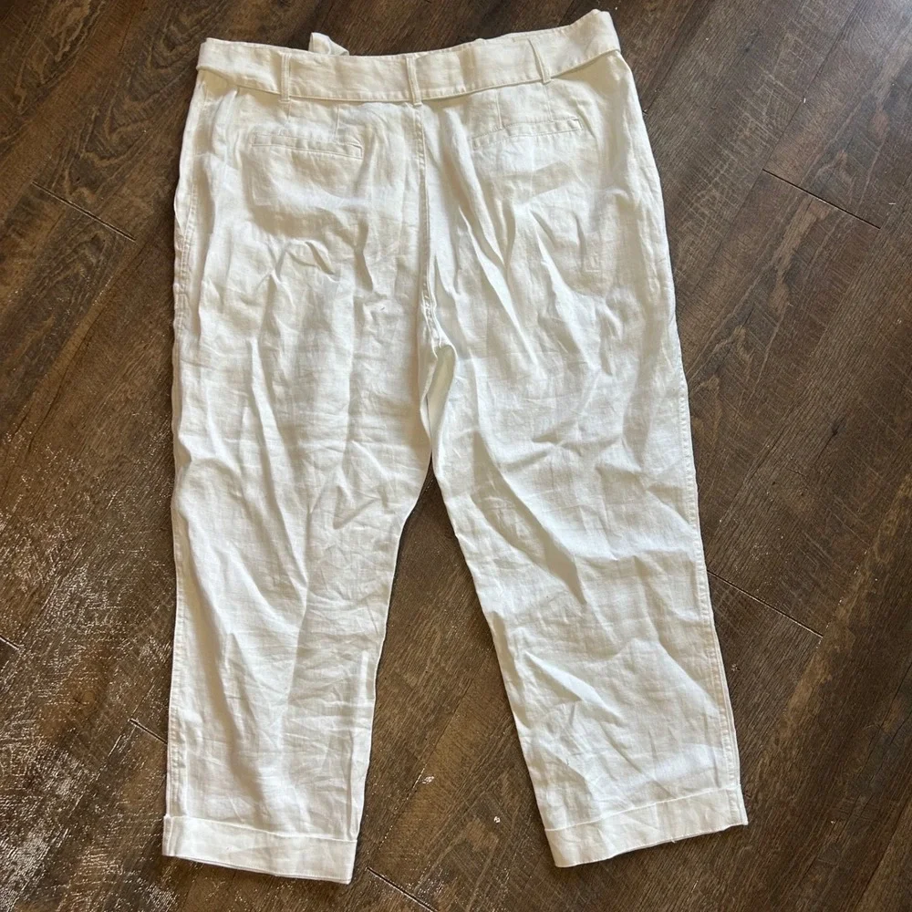 Lauren Ralph Lauren White 100% Linen Belted Cropped Pants Womens 18 Patch Pocket